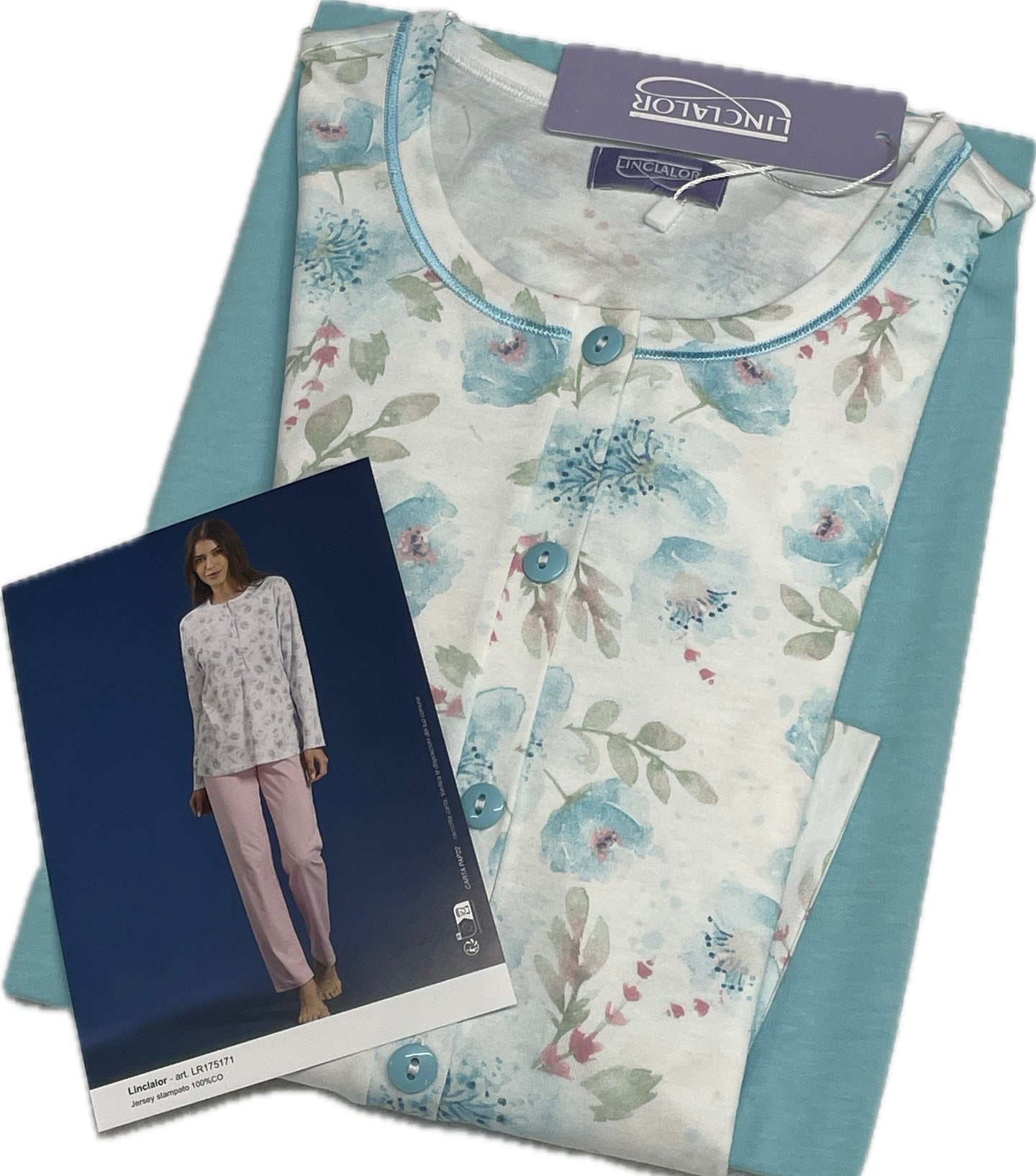 Pigiami da donna Linclalor 100% cotone primavera fiorato pervinca